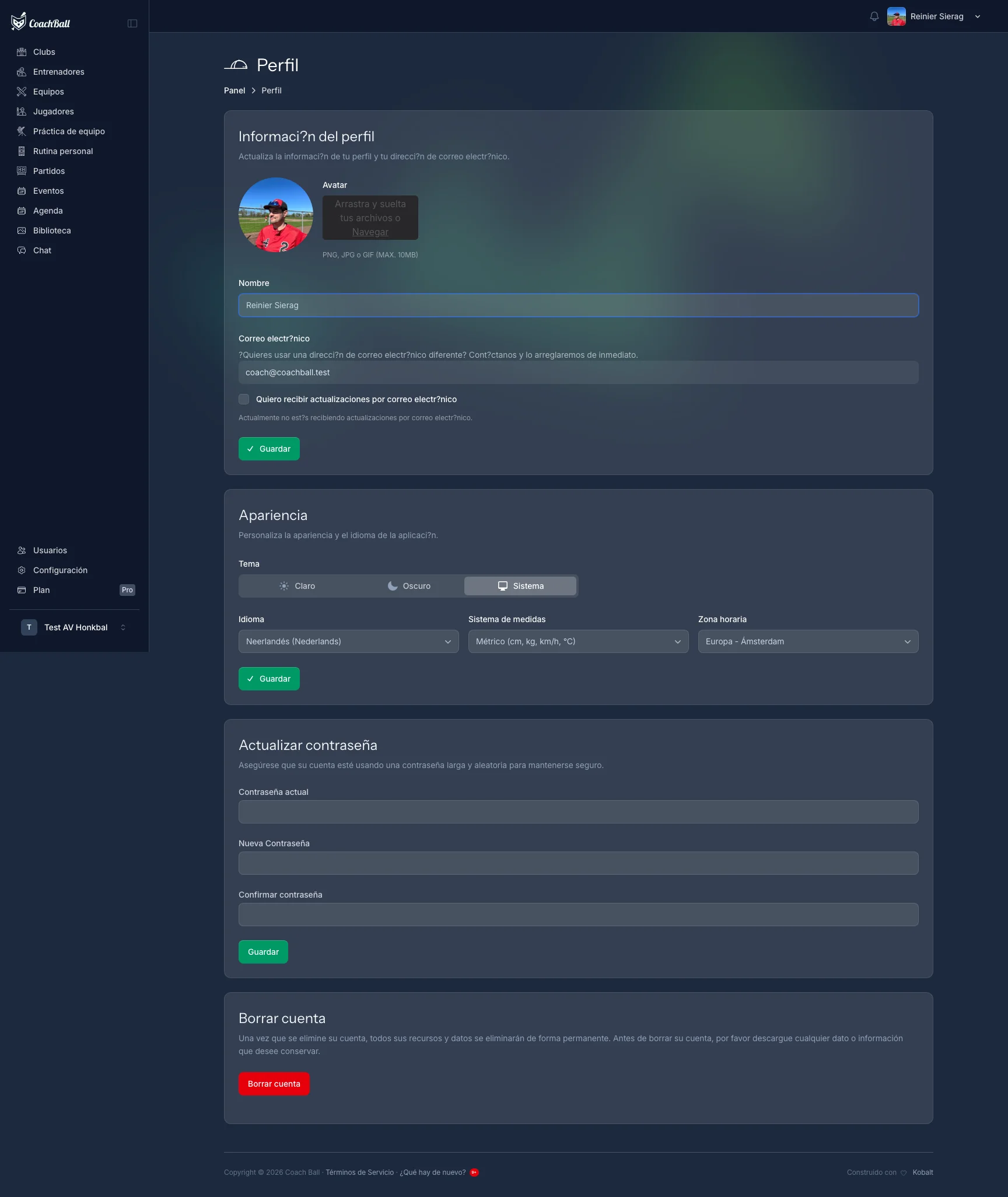 Pantalla de configuración de cuenta