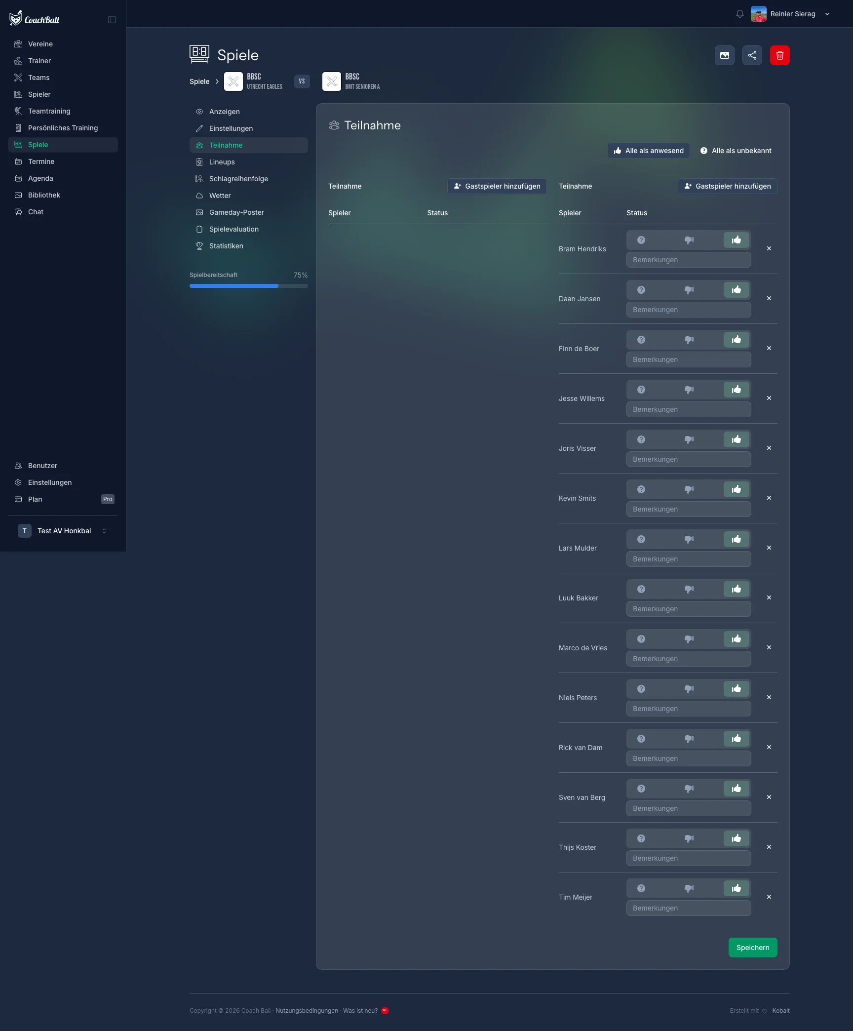 CoachBall Anwesenheitsregistrierung mit Check-in-Optionen pro Spieler