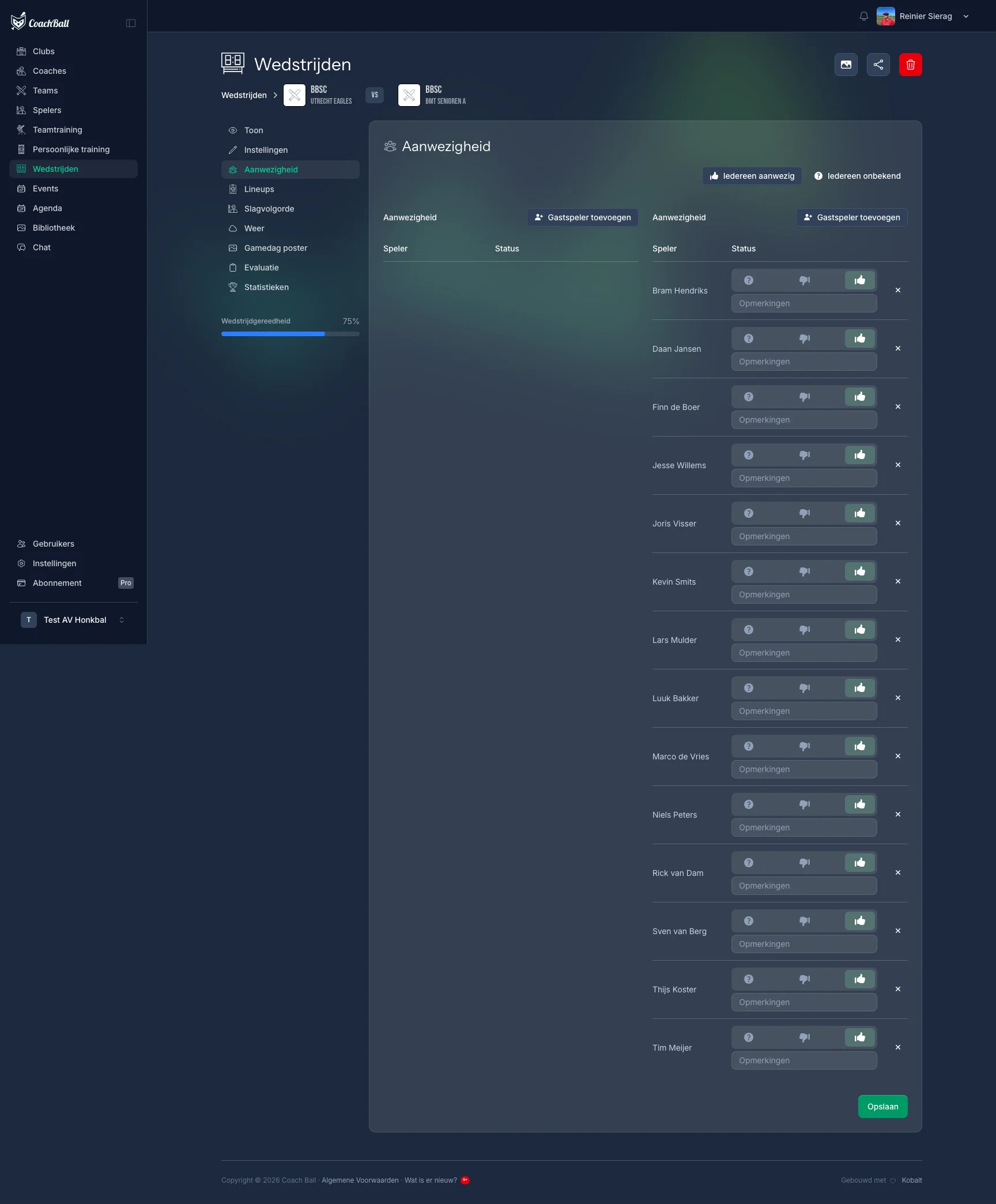 CoachBall aanwezigheidsregistratie met check-in opties per speler