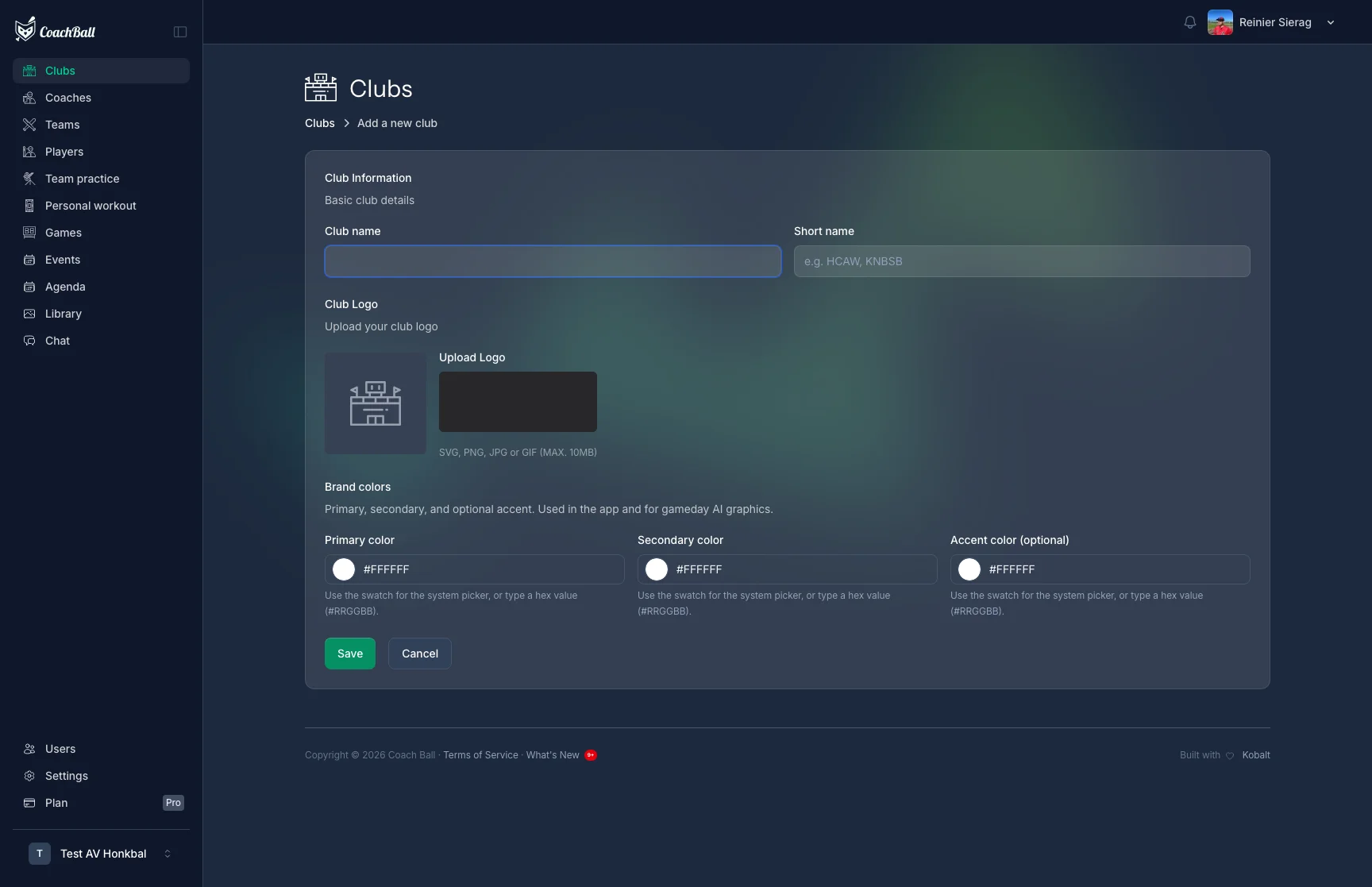 Create Club screen