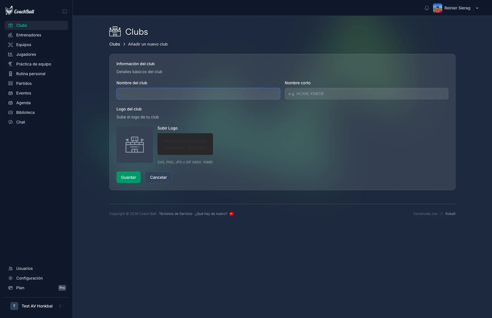 Pantalla de creación de club