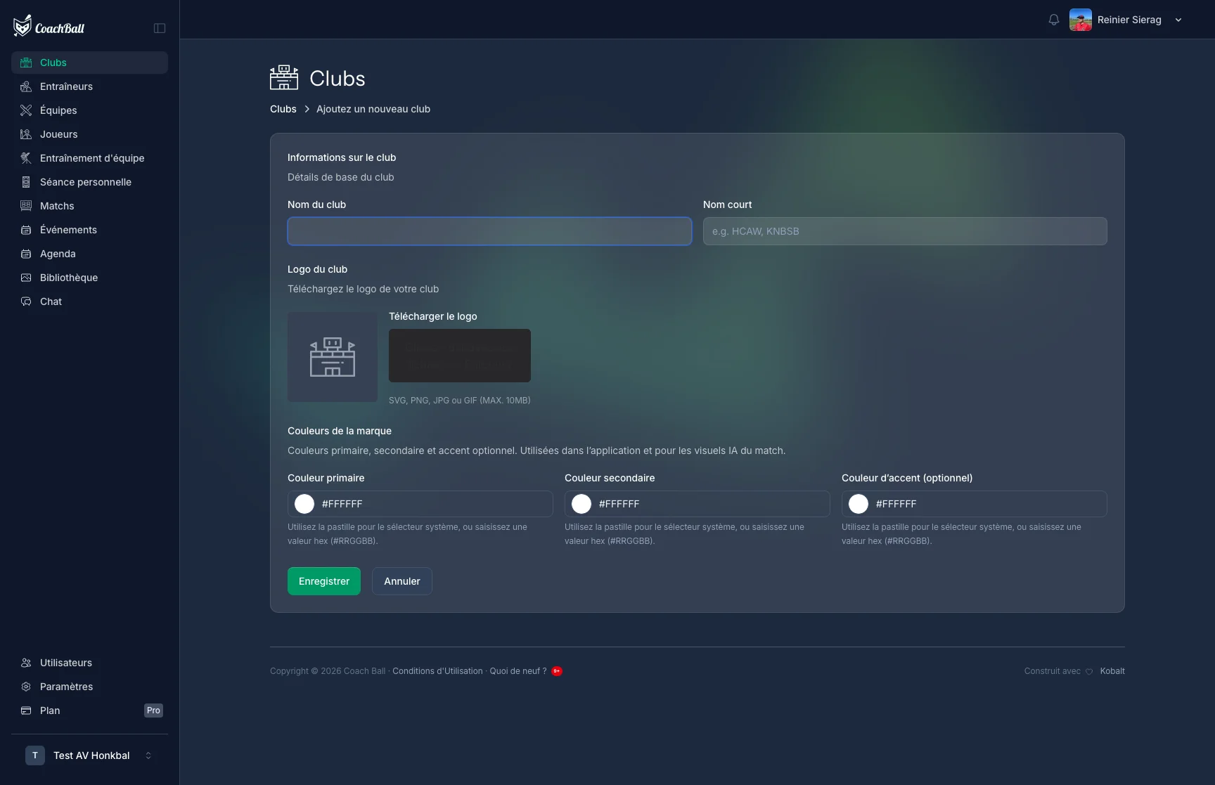 Écran de création de club