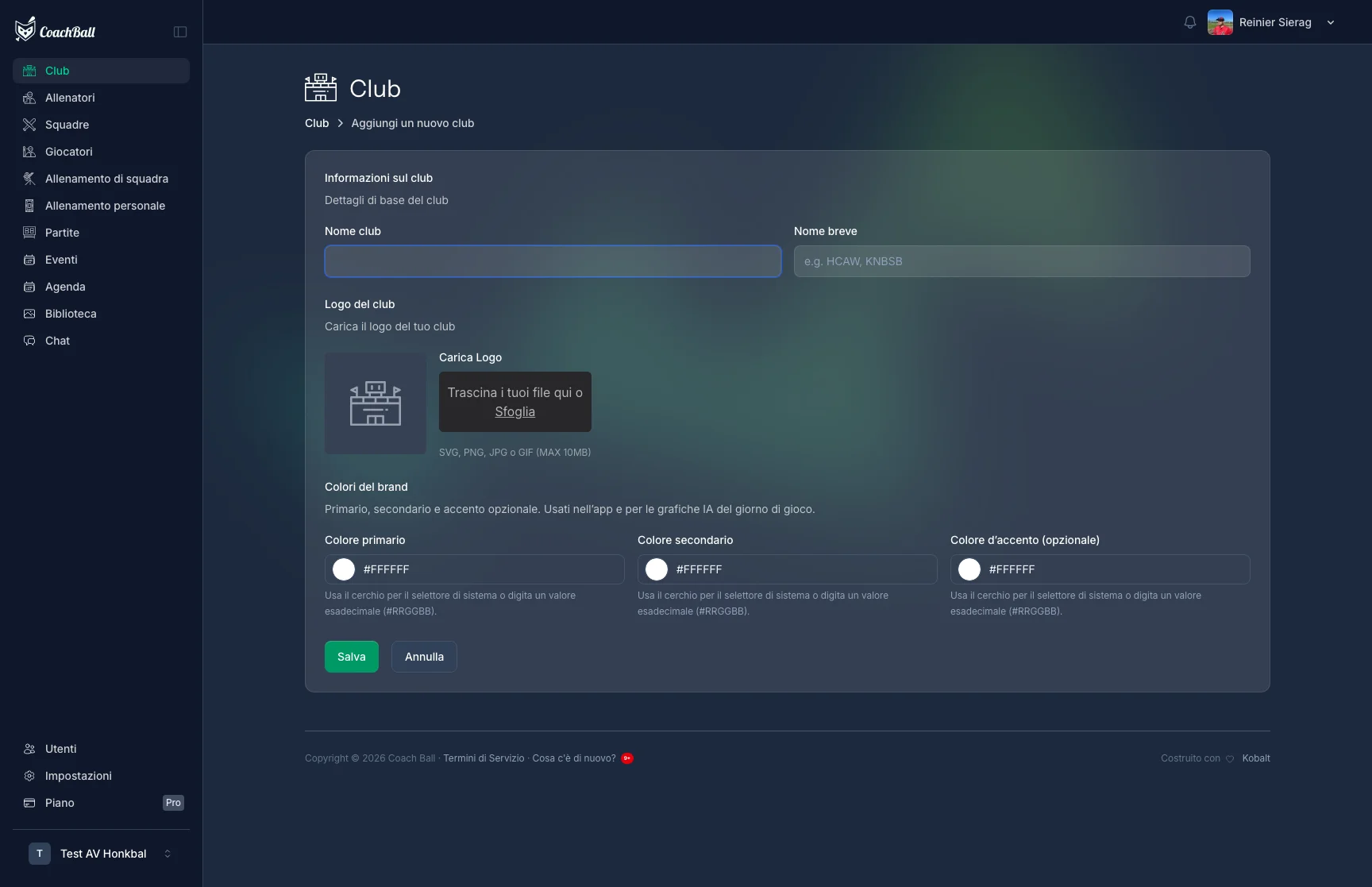 Schermata di creazione club
