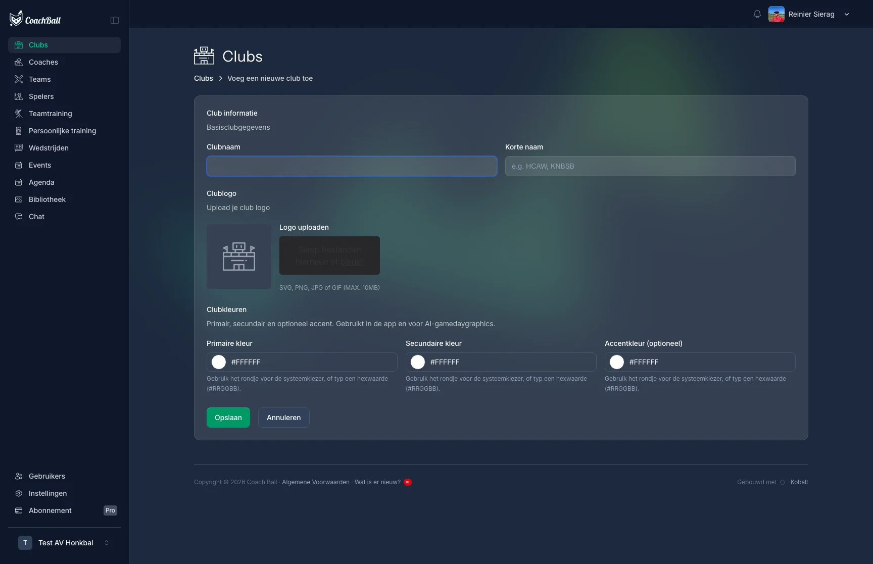 Club aanmaken scherm