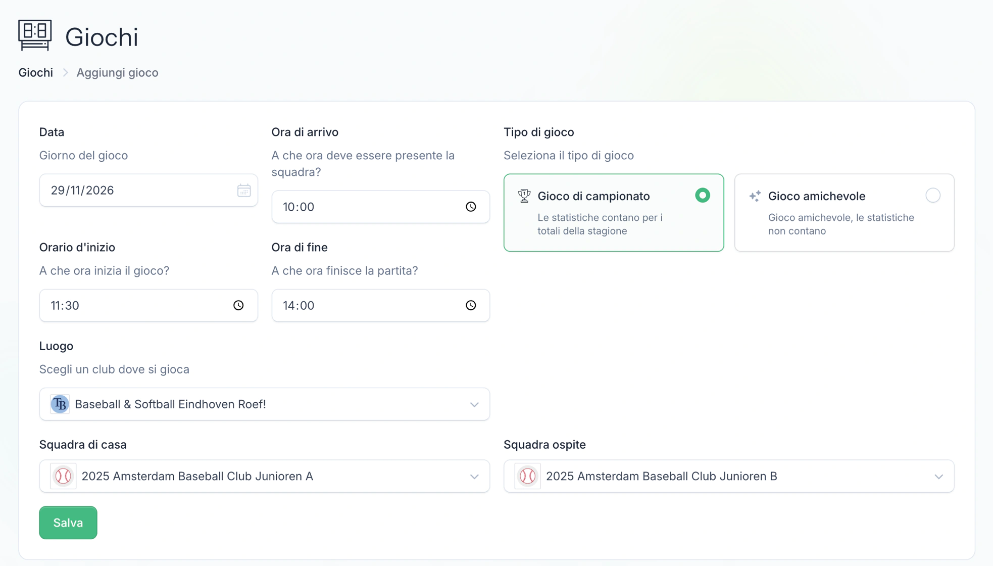 Schermata di creazione partita