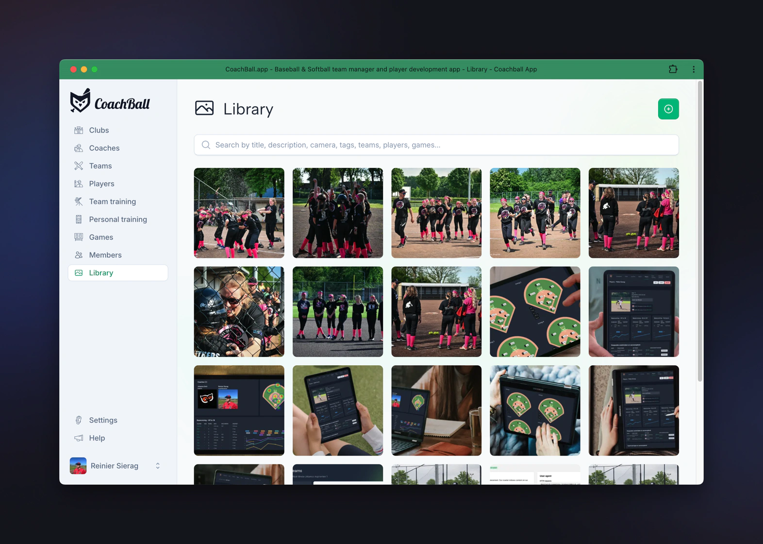 CoachBall media library showing team photos and videos in a grid