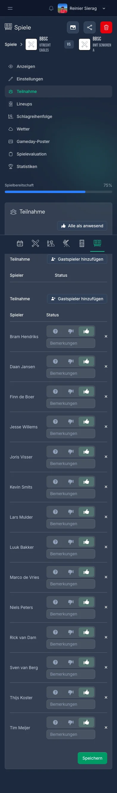 CoachBall Anwesenheitsregistrierung mit Check-in-Optionen pro Spieler