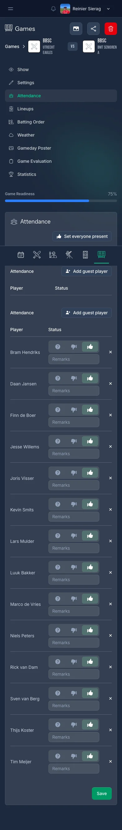 CoachBall attendance registration screen with player check-in options