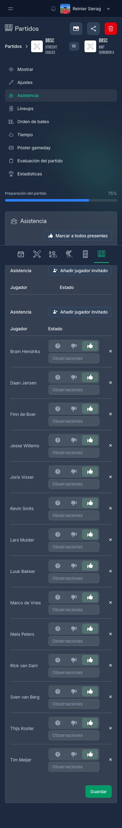 Pantalla de registro de asistencia de CoachBall con opciones de check-in por jugador