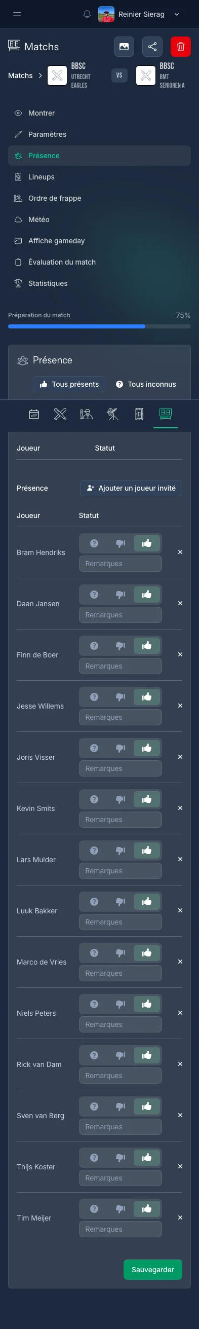 Écran d'enregistrement de présence CoachBall avec options de pointage par joueur