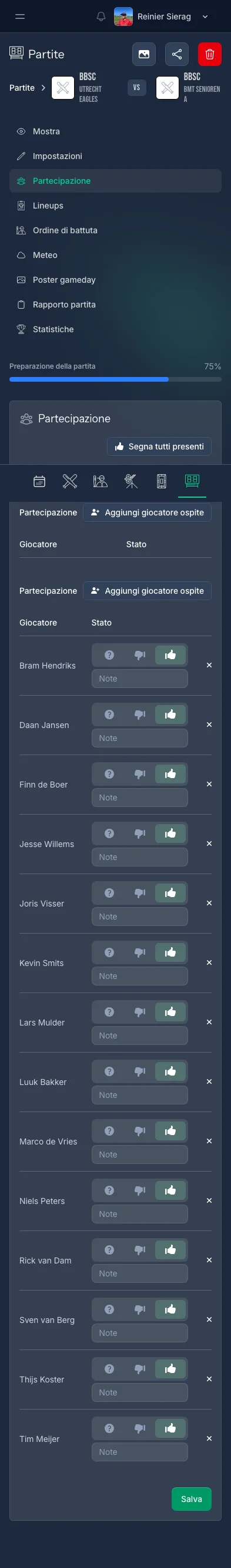 Schermata registrazione presenze di CoachBall con opzioni di check-in per giocatore
