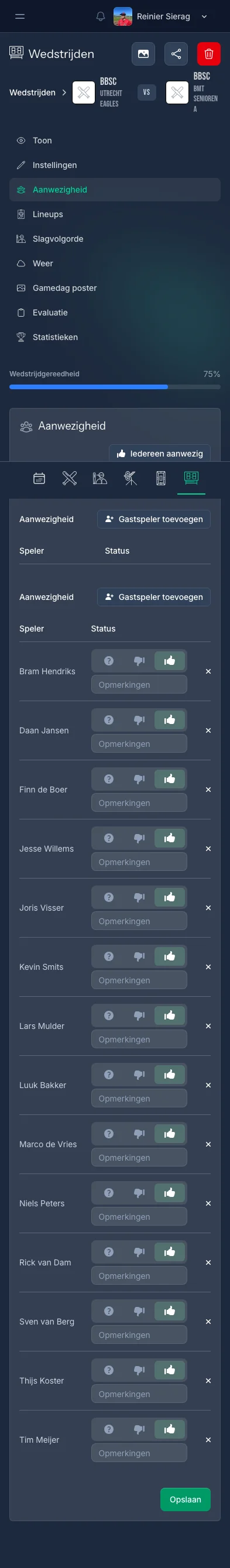 CoachBall aanwezigheidsregistratie met check-in opties per speler