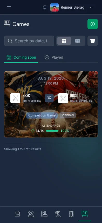 CoachBall games overview showing scheduled and played games with scores