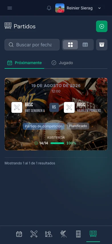 Vista de partidos de CoachBall mostrando partidos programados y jugados