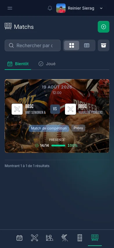Vue des matchs CoachBall montrant les matchs programmés et joués