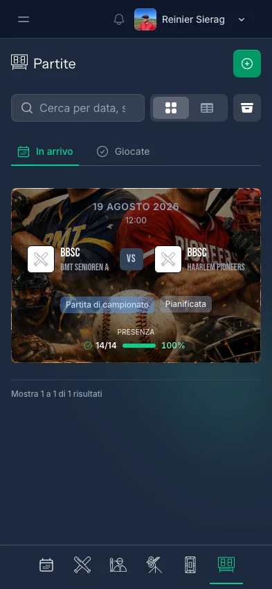 Panoramica partite di CoachBall con partite programmate e giocate