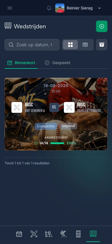 CoachBall wedstrijdenoverzicht met geplande en gespeelde wedstrijden