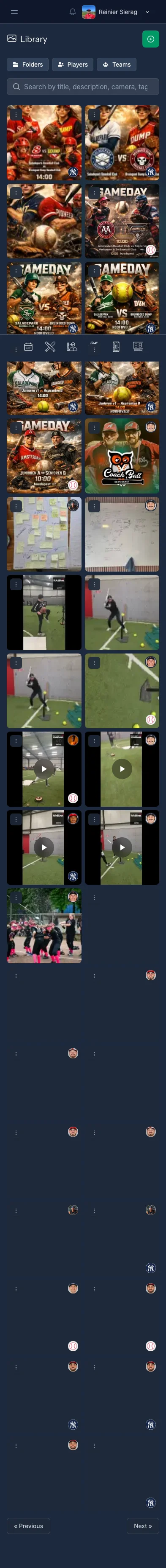 CoachBall media library showing team photos and videos in a grid