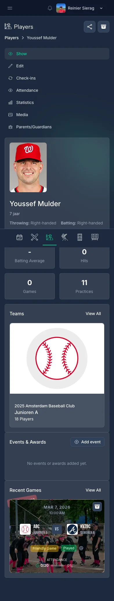 Player overview in CoachBall