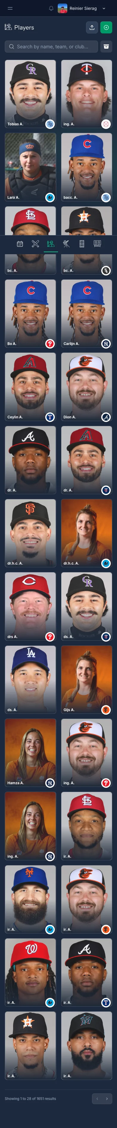 CoachBall players overview showing player cards with photos and team badges