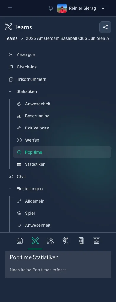CoachBall Pop-Time-Statistiken-Seite mit Catcher-Leistungskennzahlen