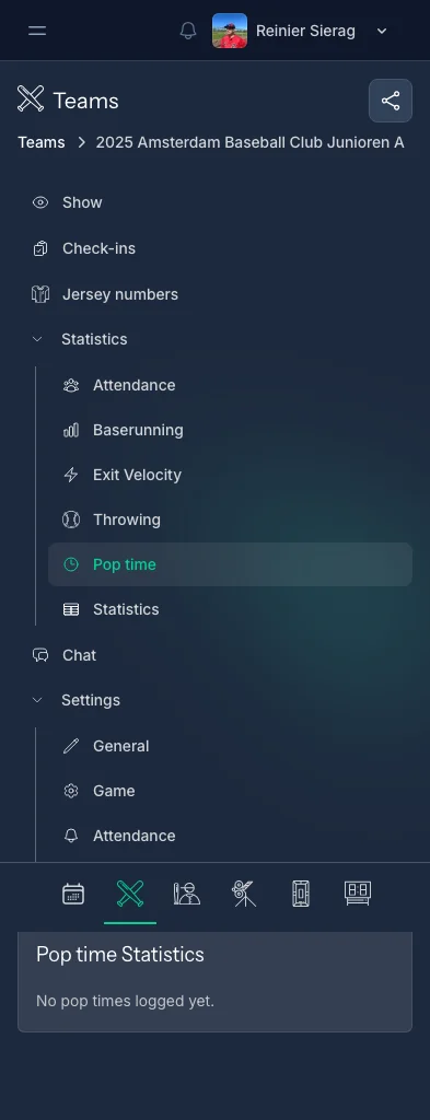 CoachBall pop time statistics page showing catcher performance metrics