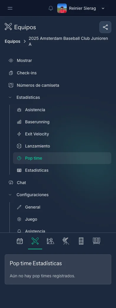 Página de estadísticas de pop time de CoachBall con métricas de rendimiento del receptor