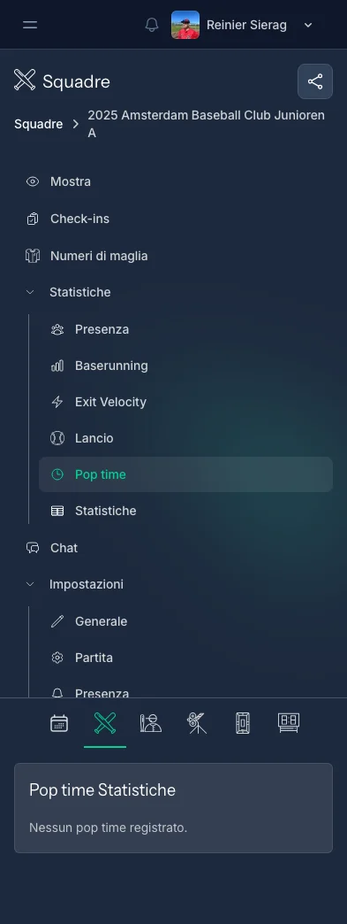 Pagina statistiche pop time di CoachBall con metriche prestazionali del ricevitore