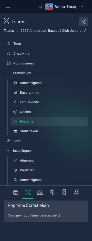 CoachBall pop time statistieken pagina met catcher prestatiecijfers