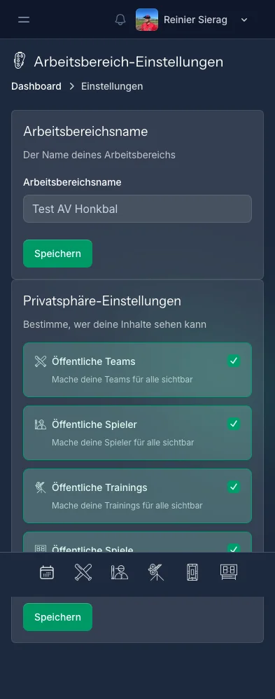 CoachBall Einstellungsseite mit Sprache, Theme und Arbeitsbereich-Optionen