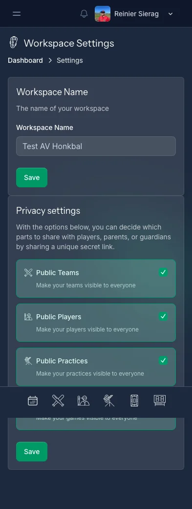 CoachBall settings page showing language, theme, and workspace options