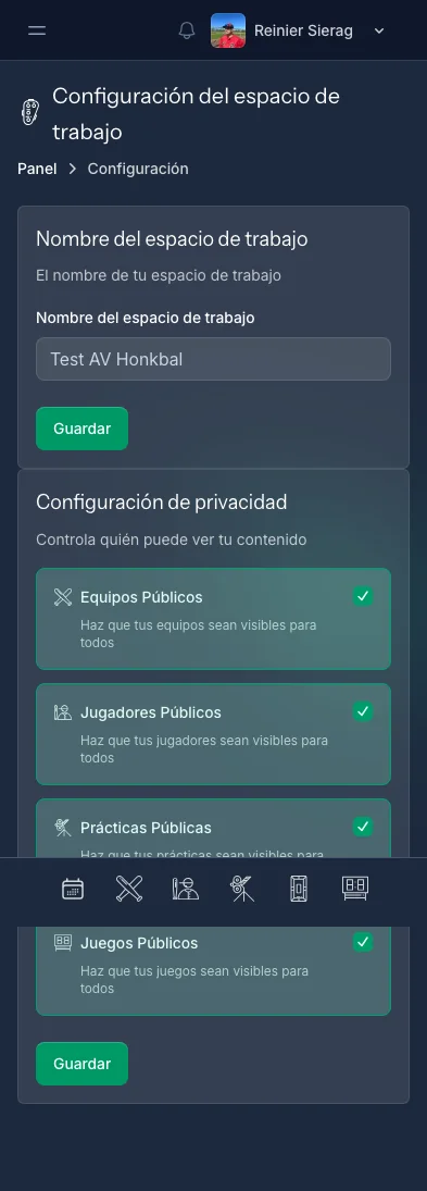 Página de ajustes de CoachBall con opciones de idioma, tema y espacio de trabajo