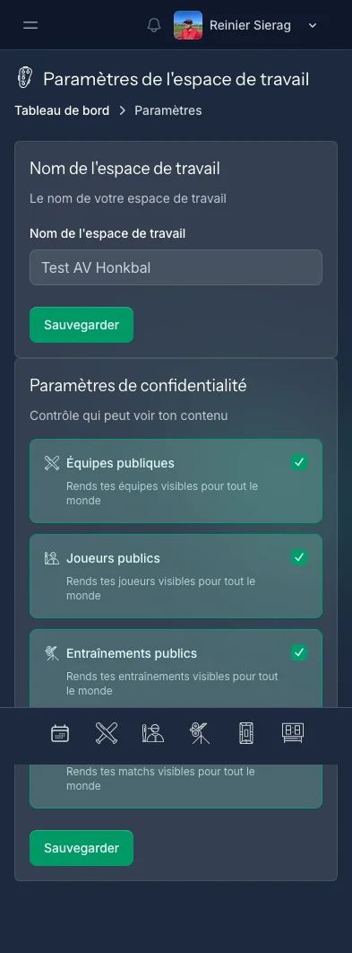 Page de paramètres CoachBall avec options de langue, thème et espace de travail