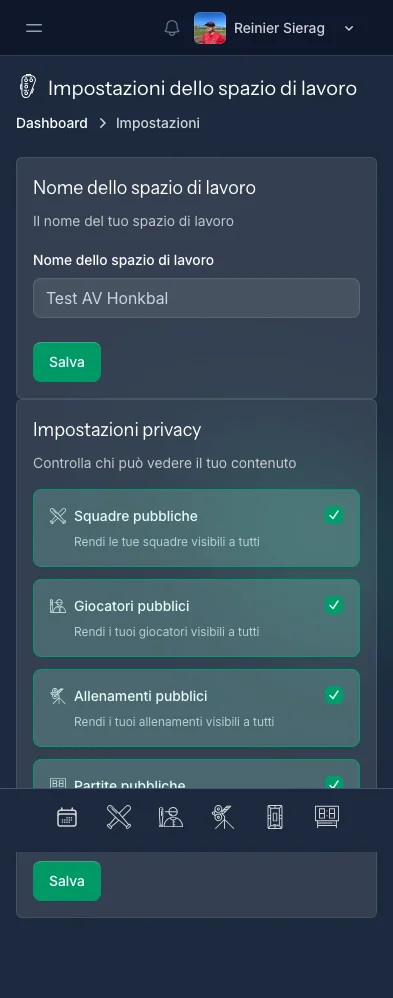 Pagina impostazioni di CoachBall con opzioni lingua, tema e area di lavoro