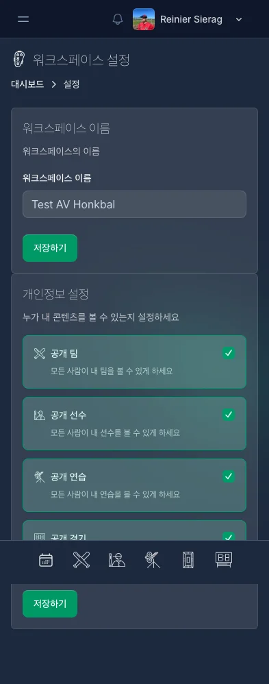 CoachBall 설정 페이지 - 언어, 테마, 워크스페이스 옵션