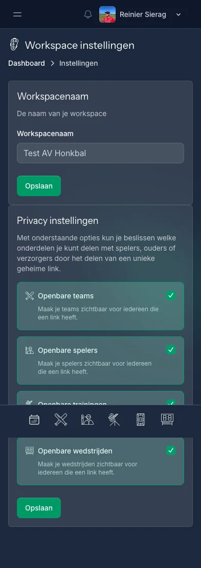 CoachBall instellingenpagina met taal, thema en werkruimte-opties