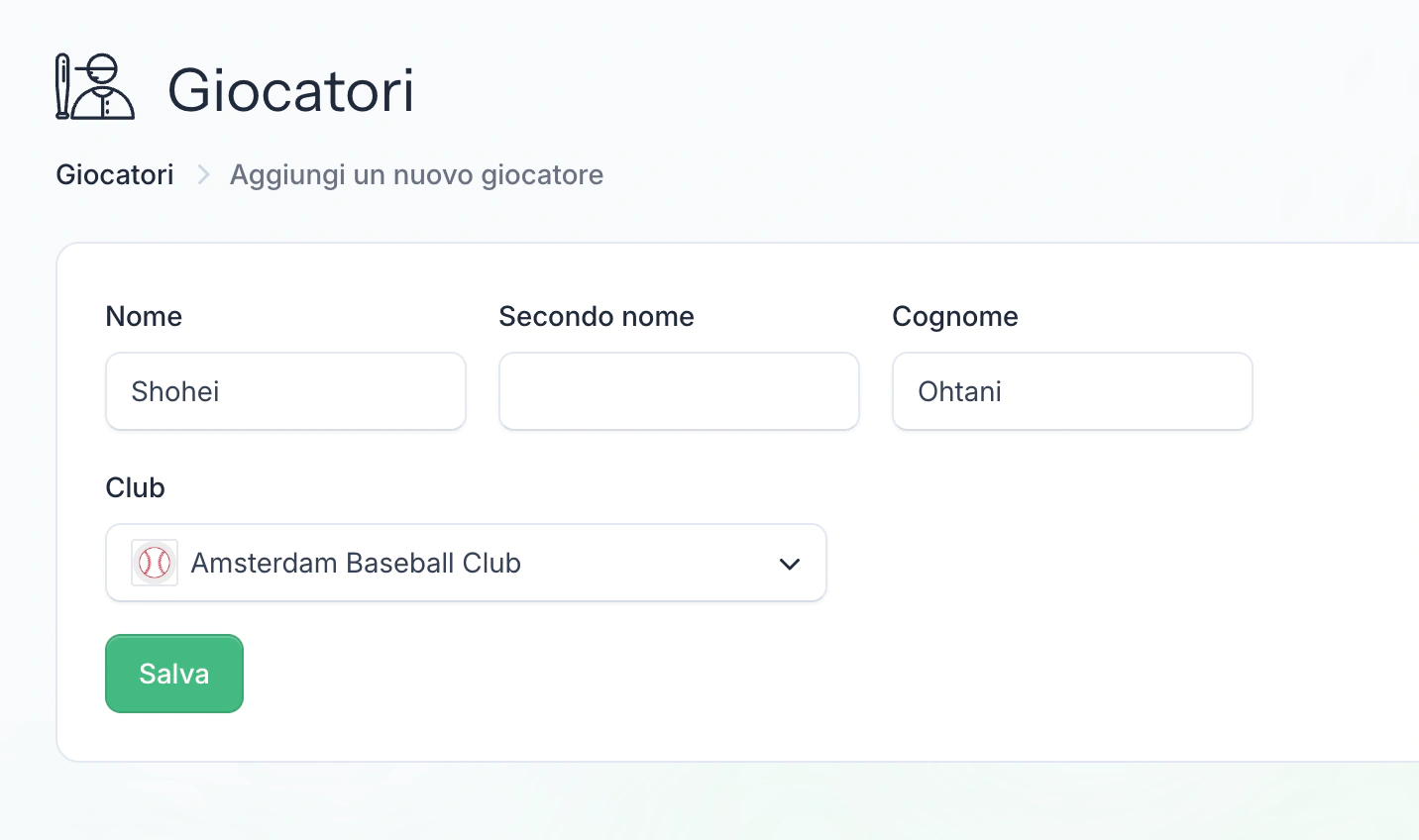 Schermata di aggiunta giocatori