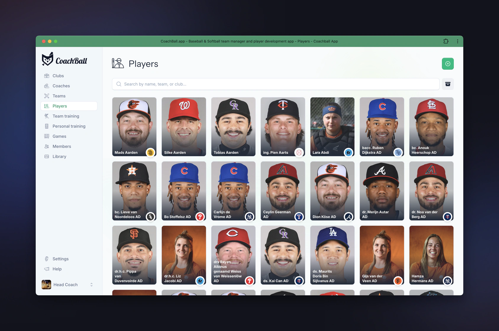 CoachBall players overview showing player cards with photos and team badges
