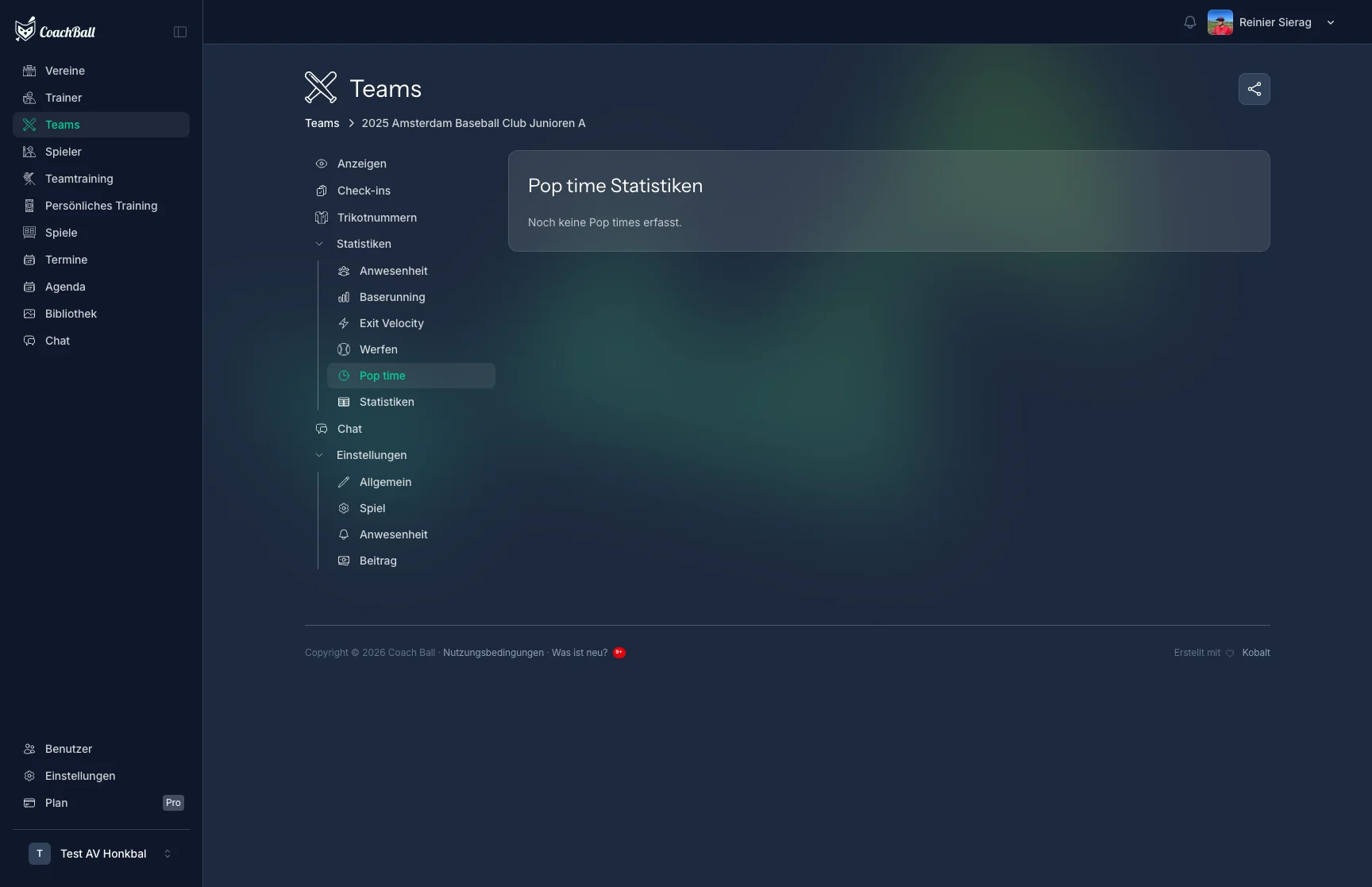 CoachBall Pop-Time-Statistiken-Seite mit Catcher-Leistungskennzahlen