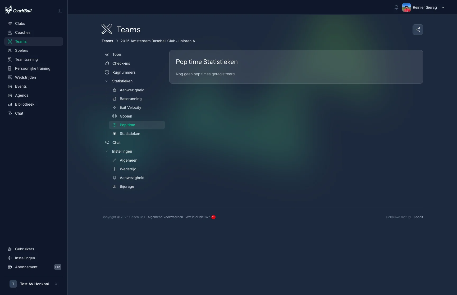 CoachBall pop time statistieken pagina met catcher prestatiecijfers