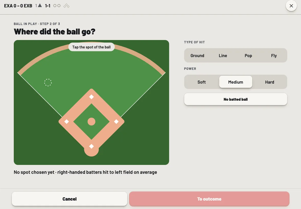 The screen Where did the ball go, with a baseball field and the choices for type of hit and power.