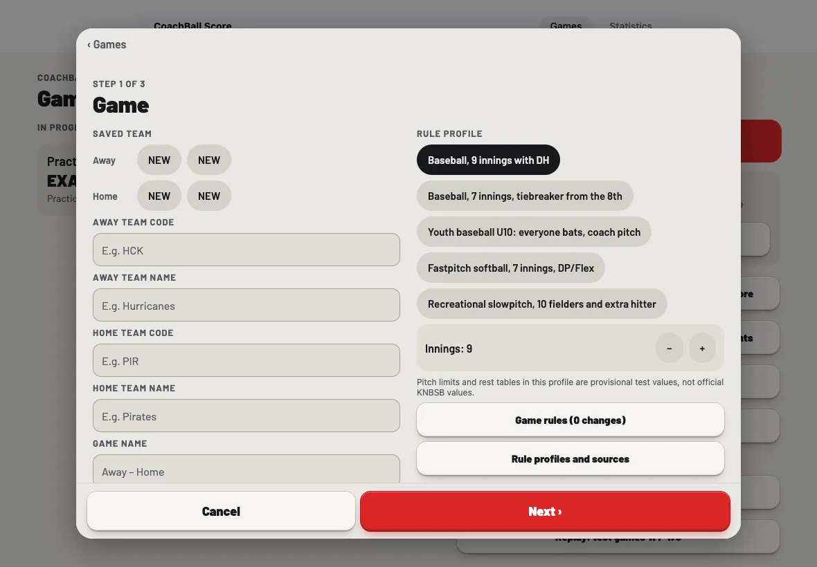 The first step of a new game in the app, with team fields on the left and the rule profiles on the right.