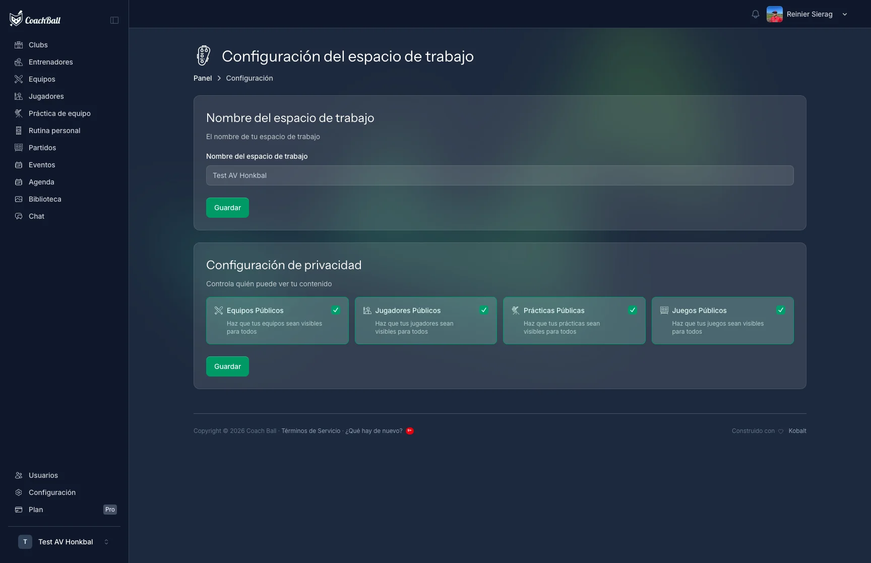 Pantalla de configuración de equipo