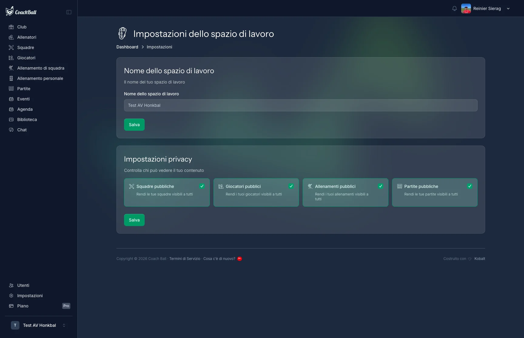 Schermata delle impostazioni squadra