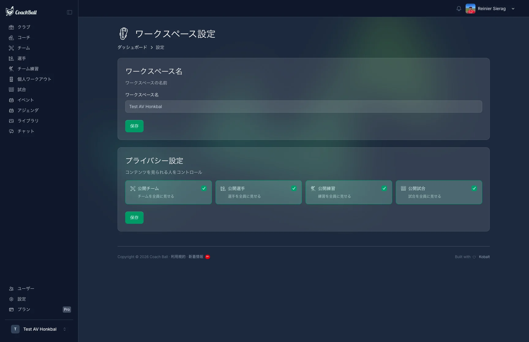 Team settings screen