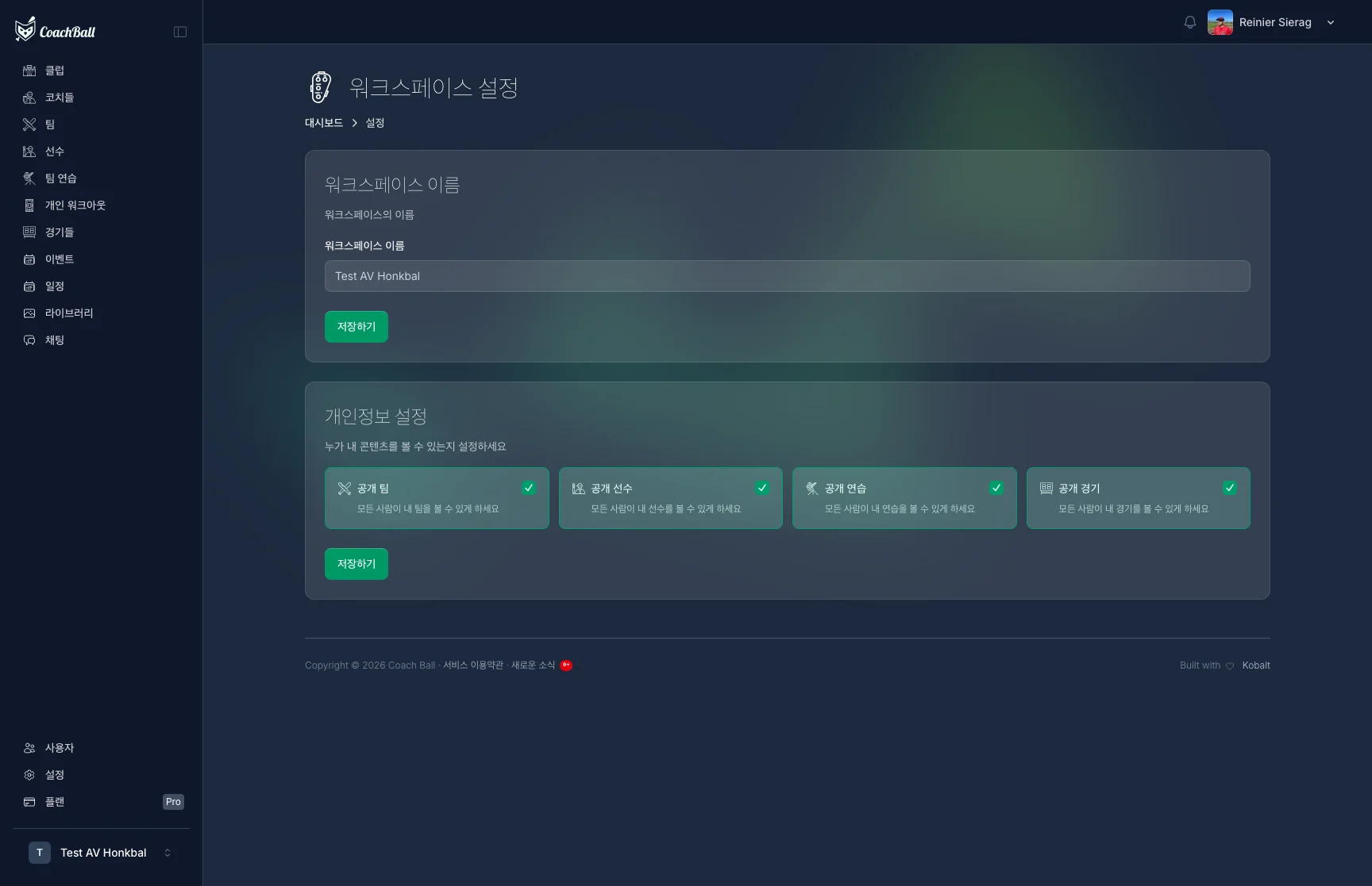 Team settings screen
