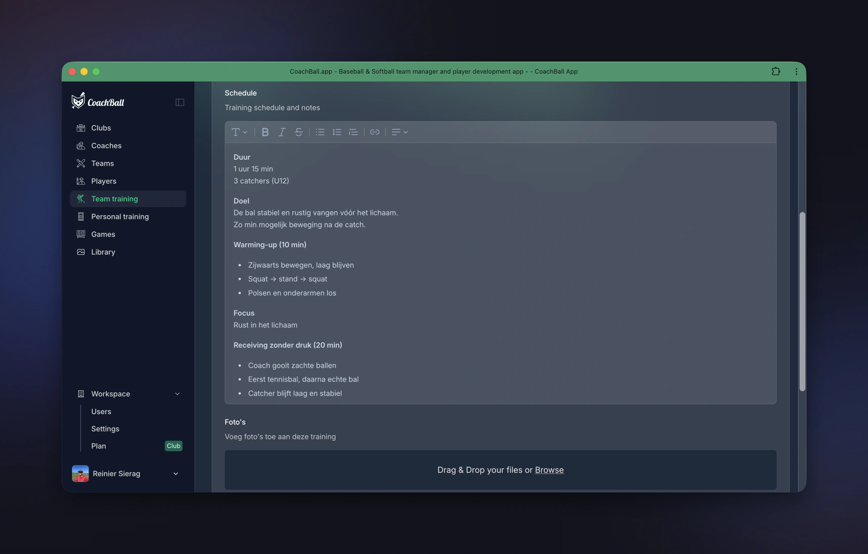 CoachBall training schedule editor with detailed practice plan and drills