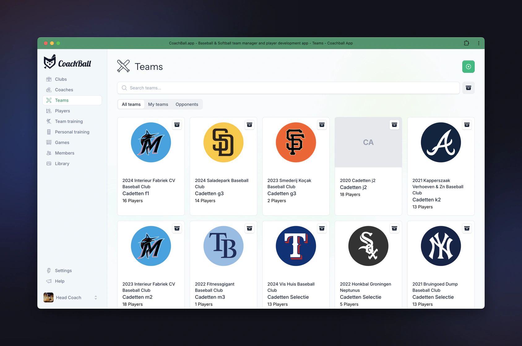 CoachBall teams dashboard showing multiple team cards with logos and player counts