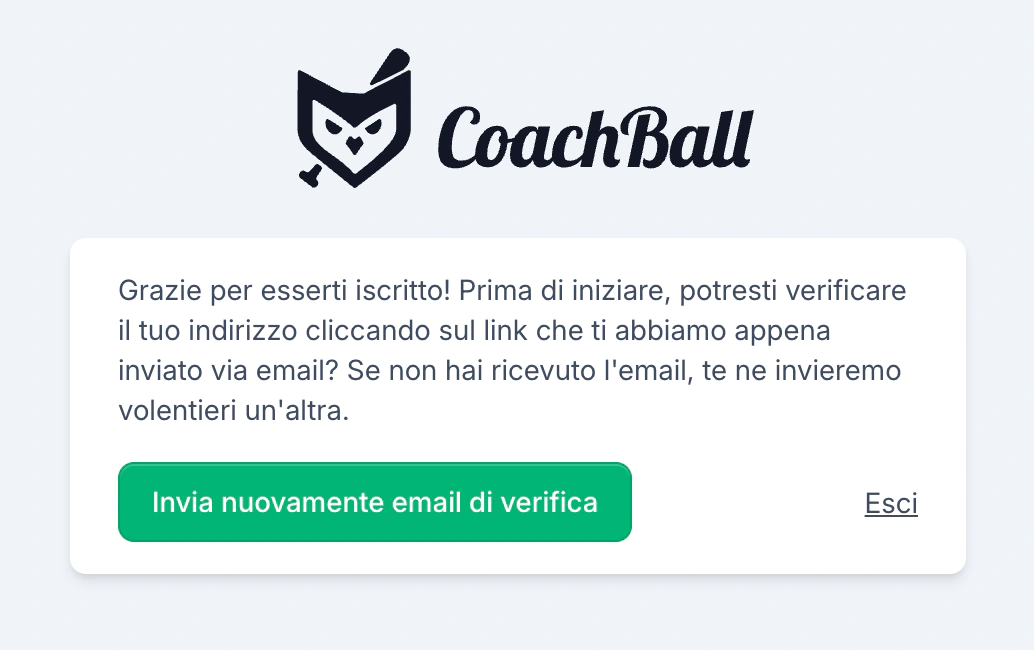 Schermata di convalida email con istruzioni di verifica