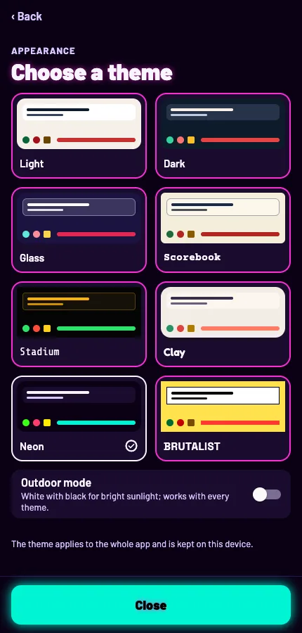 The same theme picker of CoachBall Score in the Neon theme